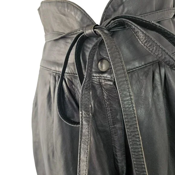 90s High Waist Leather Pants Laced Belt Slash Pockets Curved Hem Womens 26 Black - Picture 11 of 11